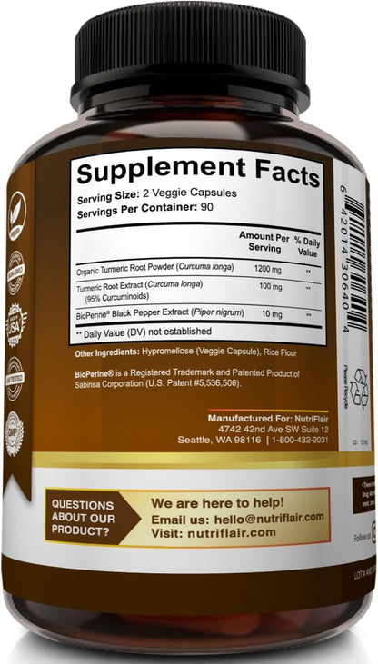 NutriFlair Turmeric Curcumin with BioPerine - 1300mg, 180 Capsules - 95% Standardized Curcuminoids Turmeric Supplement Extract with Black Pepper for Optimal Absorption - 180 Capsules