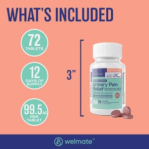 WELMATE Urinary Pain UTI Relief Maximum Strength (Phenazopyridine HCL) - Improve Urinary Tract Health & Bladder Control, Urgency, & Discomfort | Over-The-Counter Medication for Men & Women (72 Pills)