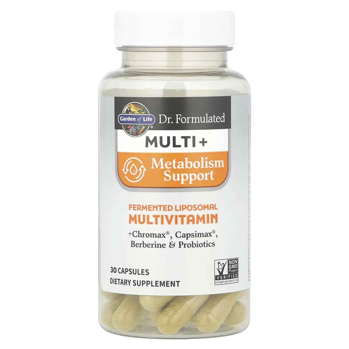 Garden of Life Dr. Formulated Multi+ Metabolism Support - Fermented Liposomal Multivitamin + Chromax, Capsimax, Berberine & Probiotics - 30 Capsules