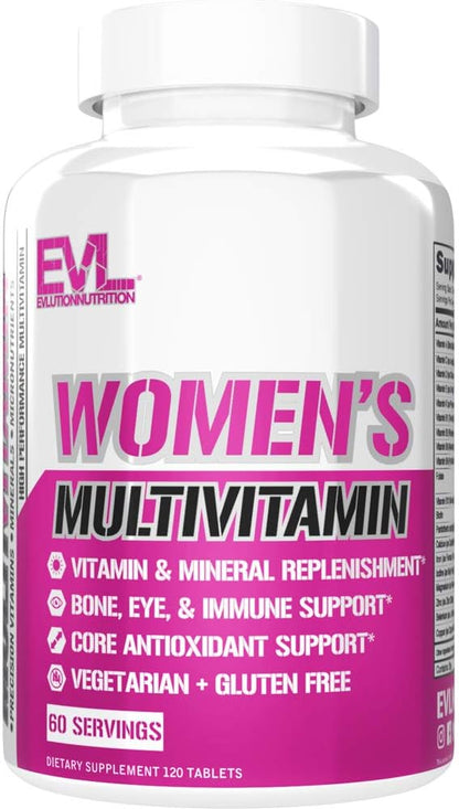 Evlution Nutrition Women's Multivitamin - Full Spectrum Vitamins & Minerals, Immune Health, Vitamin C & D, Iron, Zinc, Antioxidants & Bioflavonoids, Skin, Hair, Bone, Eye Health, 120 Tablets, 60 Days