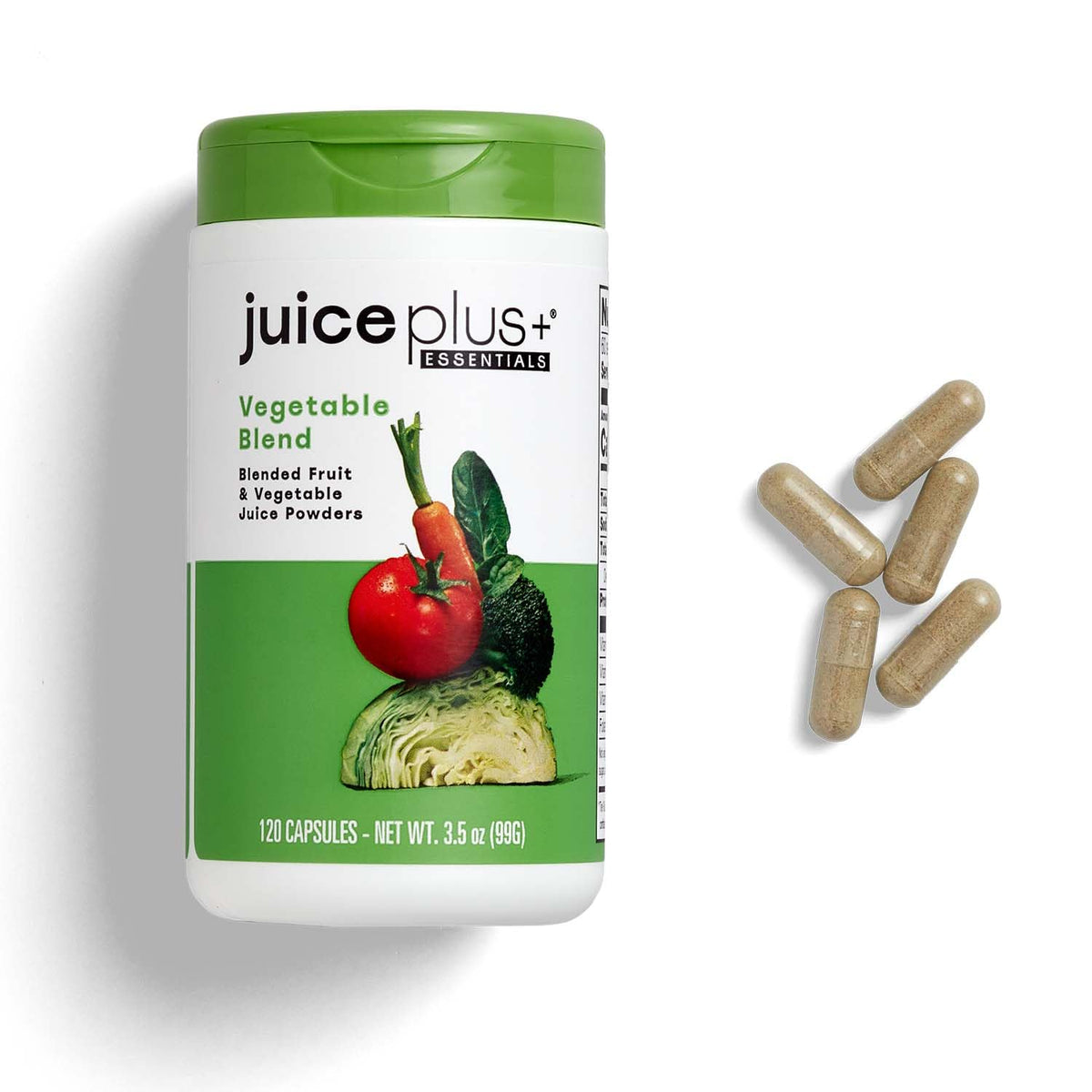 Juice Plus+ Vegetable Blend supplement container with capsules on a white background