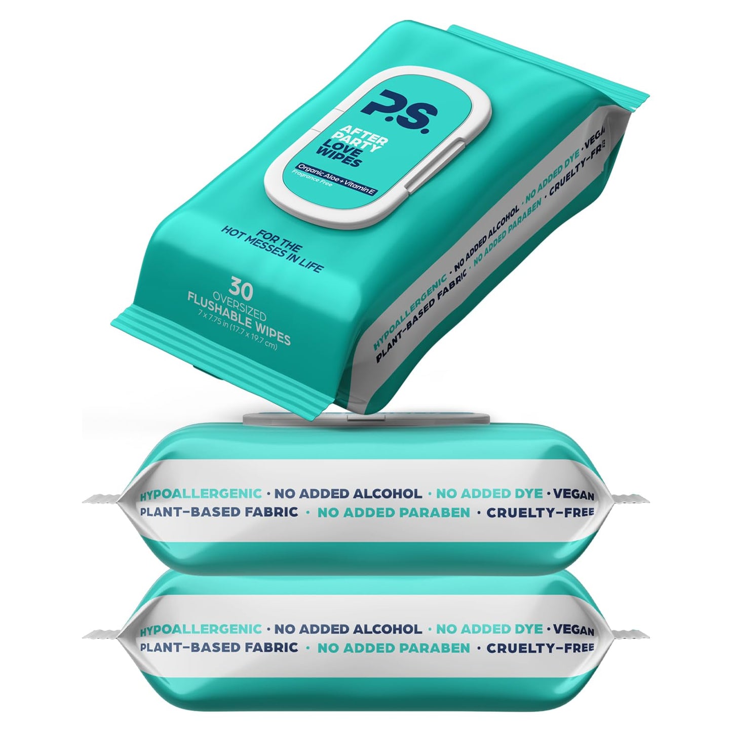 PS Afterparty Love Wipes for Adults, Aloe & Vitamin E, 30 Count, 1 Pack | Plant based, vegan & pH balanced, paraben free, sulfate free, dye free, flushable & septic safe, oversized 7 x 7.75 in