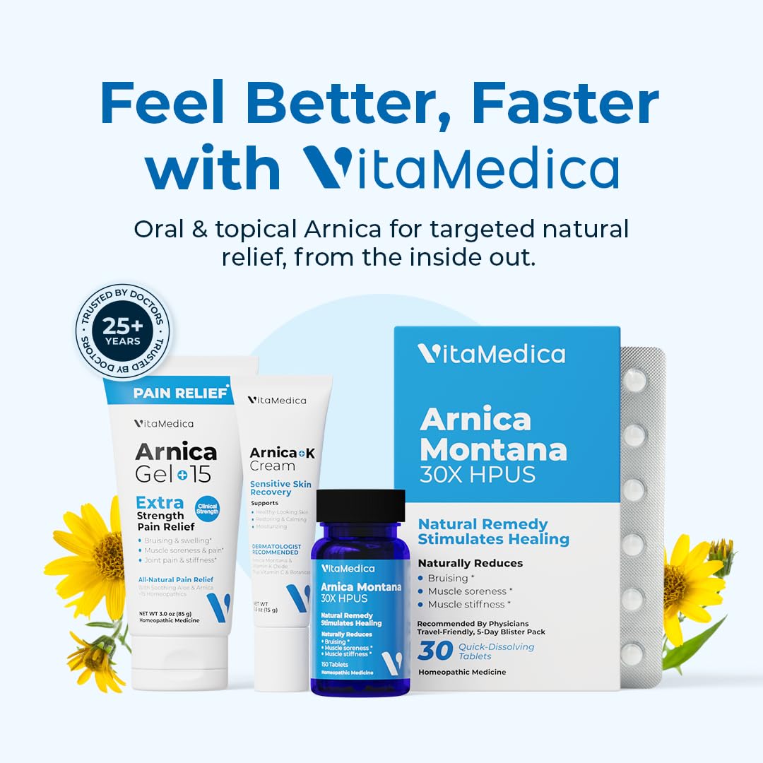 VitaMedica Arnica Montana 30X Rapid Dissolve Arnica Tablets for Natural Pain, Bruising, and Swelling Support - Homeopathic Medicine for Injury and Surgery Recovery - 150 Ct - 50 Servings VitaMedicaBuy Supplements Australia