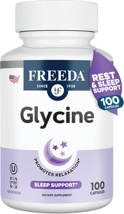 FREEDA Pure Glycine 1800mg Amino Acid Supplement – 100 Capsules | Supports Relaxation, Sleep Quality & Recovery with Pure L-Glycine - Vegan, Kosher, and Gluten-Free Formula