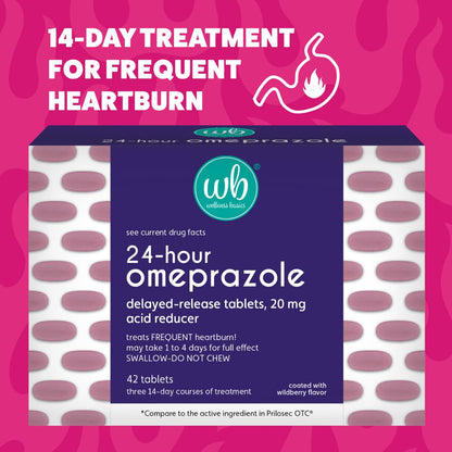 Wellness Basics Omeprazole 20mg Delayed Release | Acid Reducer | 42 Count | Tablet | Treats Frequent Heartburn (Wildberry)