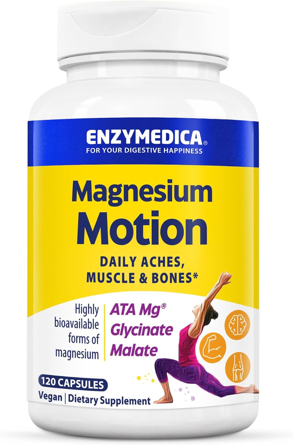 Enzymedica Magnesium Motion Supplement for Women & Men - Triple Magnesium Complex, ATA Mg, Malate & Glycinate, Muscle & Bone Health Support Capsules, High Bioavailability, Vegan, Gluten Free- 120 Caps