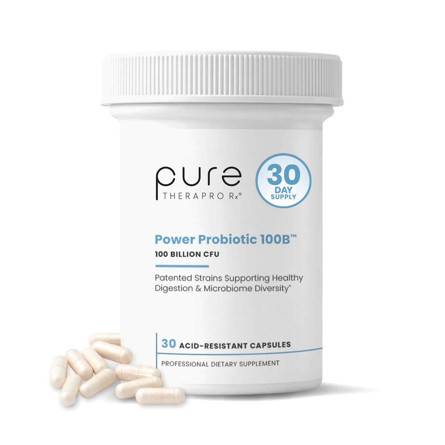 Pure Therapro Rx Power Probiotic 100B | 30 Acid Resistant Capsules - 1 Month Supply | 4 Proven Strains 100 Billion CFU | Flora Balance & Digestion | NO Refrigeration Required | Non-GMO | Zero Fillers