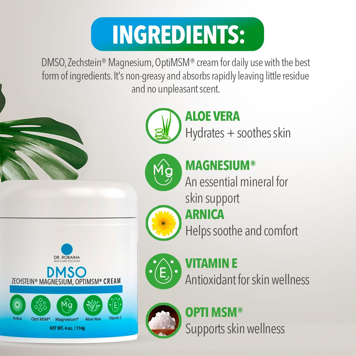 Dr. Robaina DMSO Cream - 99.9% Pure DMSO Pharmaceutical Grade | Formula with Zechstein Magnesium
