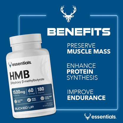 Bucked Up HMB (Beta-Hydroxy Beta-Methylbutyrate) 1500mg Per Serving, Essentials (60 Servings, 180 Capsules)