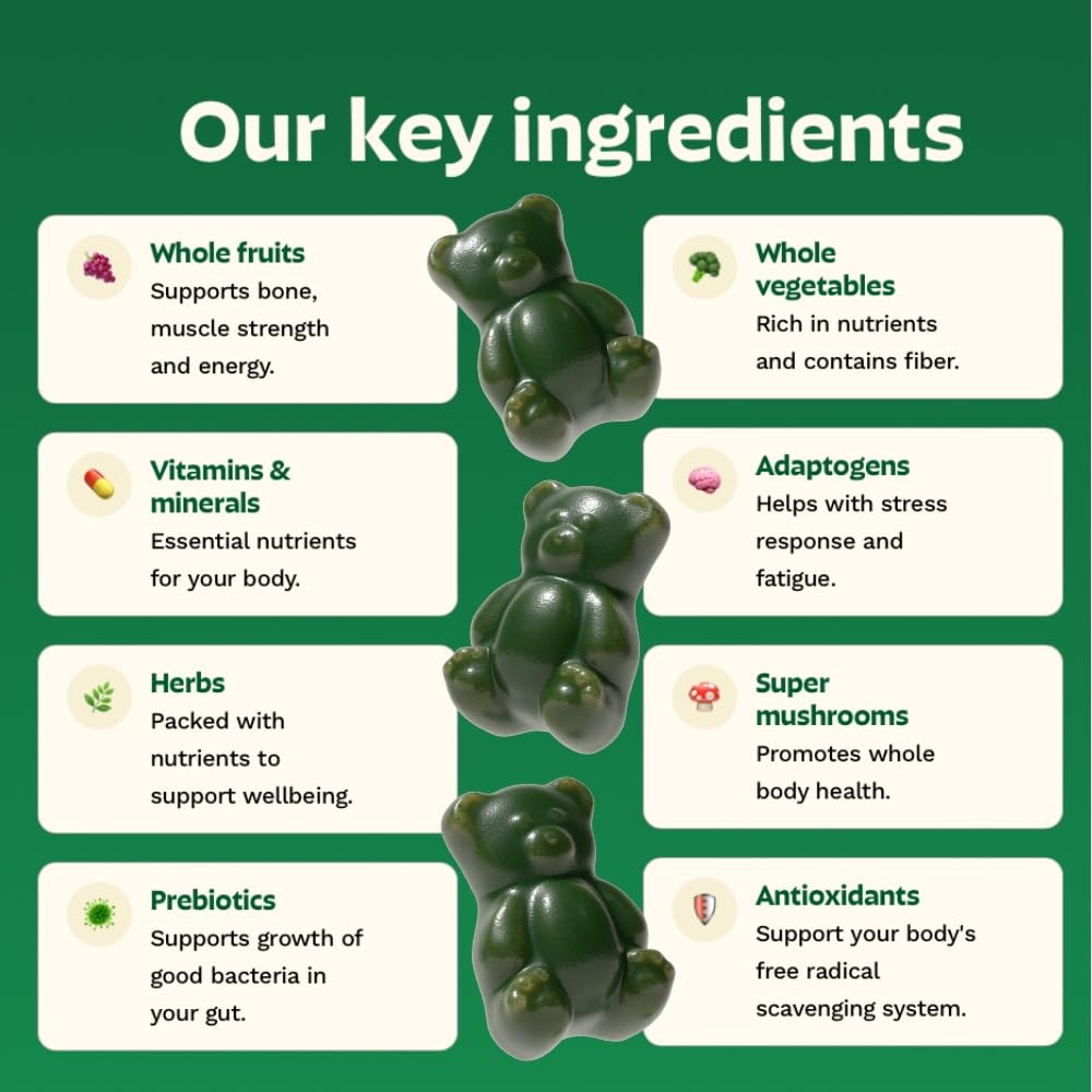Gruns Adults Super Greens Gummies, Multivitamin Superfood Gummy Bears, Spirulina, Chlorella, Prebiotics & Fiber Gummies for Digestive Health, Adaptogens Supplement, 20 Vitamins & Minerals, 10 Count Grüns buy supplements Au