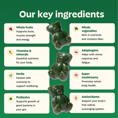 Gruns Adults Super Greens Gummies, Multivitamin Superfood Gummy Bears, Spirulina, Chlorella, Prebiotics & Fiber Gummies for Digestive Health, Adaptogens Supplement, 20 Vitamins & Minerals, 10 Count Grüns buy supplements Au