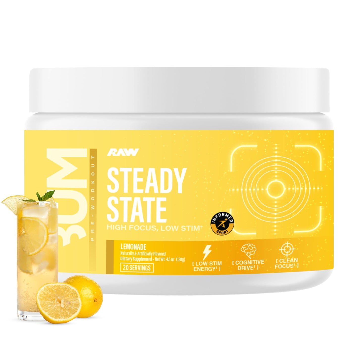 RAW Steady State Low Stim Nootropic Pre Workout Powder for Men & Women - Low Stimulant Neuopathy Supplement for Energy & Focus - No Jitters or Tingles - Natural Extended Release Caffeine - 20 Servings