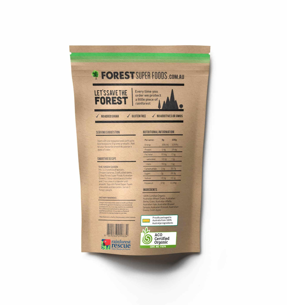 Certified Organic Australian Greens Whole Food Blend | 7 Incredible Whole Foods | No fillers or additives Forest Super Foods buy supplements Au