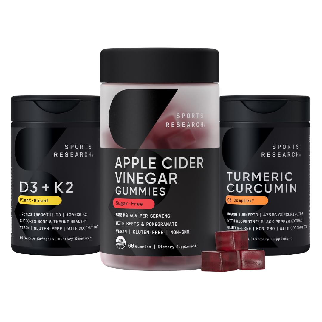 Sports Research® Multivitamins Pack - Organic Apple Cider Vinegar Gummies + Vitamin D 5000iu & Mk7 Vitamin K 100mcg + Turmeric Curcumin C3 Complex Sports Research buy supplements Au