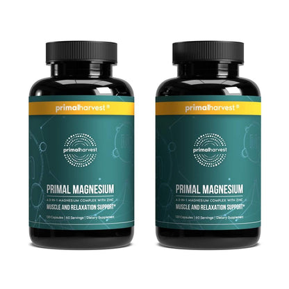 Two bottles of Primal Magnesium supplement by Primal Harvest on a white background