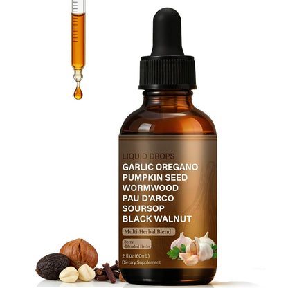 Bottle of liquid supplement with ingredients listed on a white background