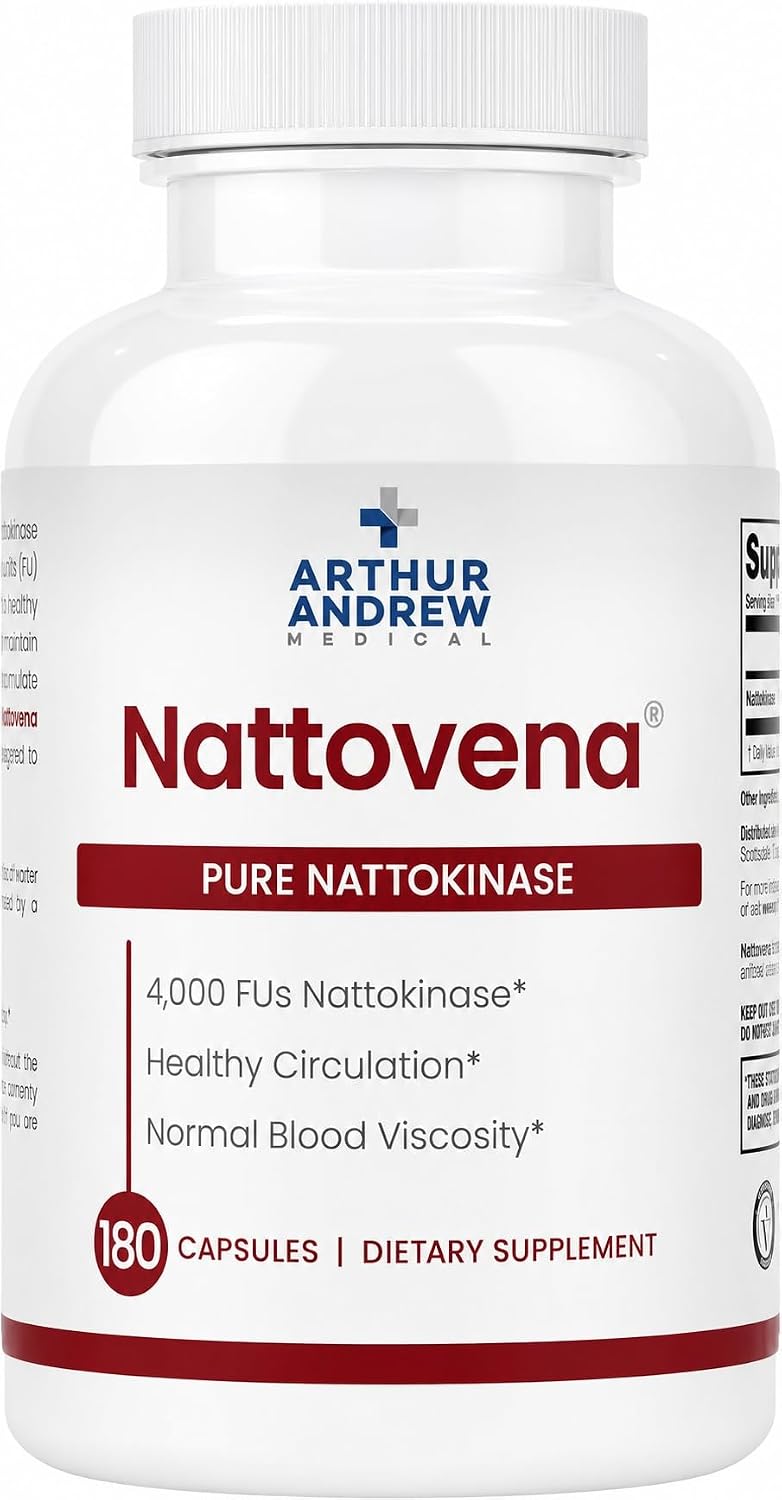 Arthur Andrew Medical, Nattovena, Pure Nattokinase 4000 FU, 180 Capsules | Double Strength Pure Nattokinase 4000 FU. Cardiovascular Support, & Healthy Blood Viscosity. Soy Free, Non-GMO, Vegan