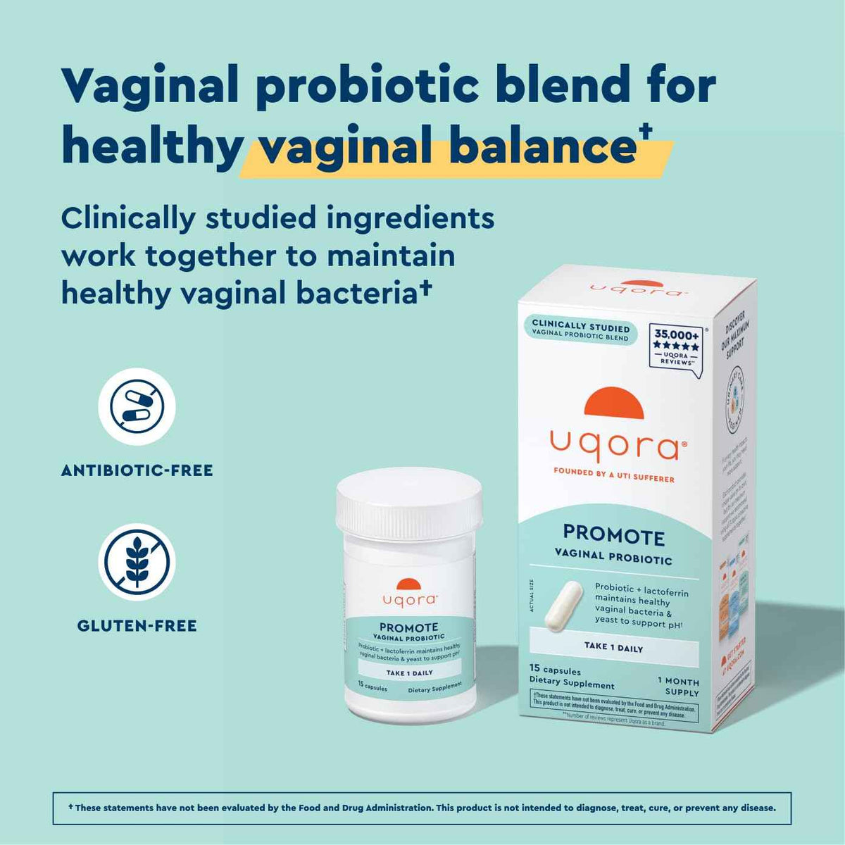 Uqora Promote - Support Vaginal Health* - Probiotic for Women with Lactoferrin, Lactobacillus Acidophilus & Lacticaseibacillus Rhamnosus - Vaginal Probiotics - Gluten-Free - 15 Capsules