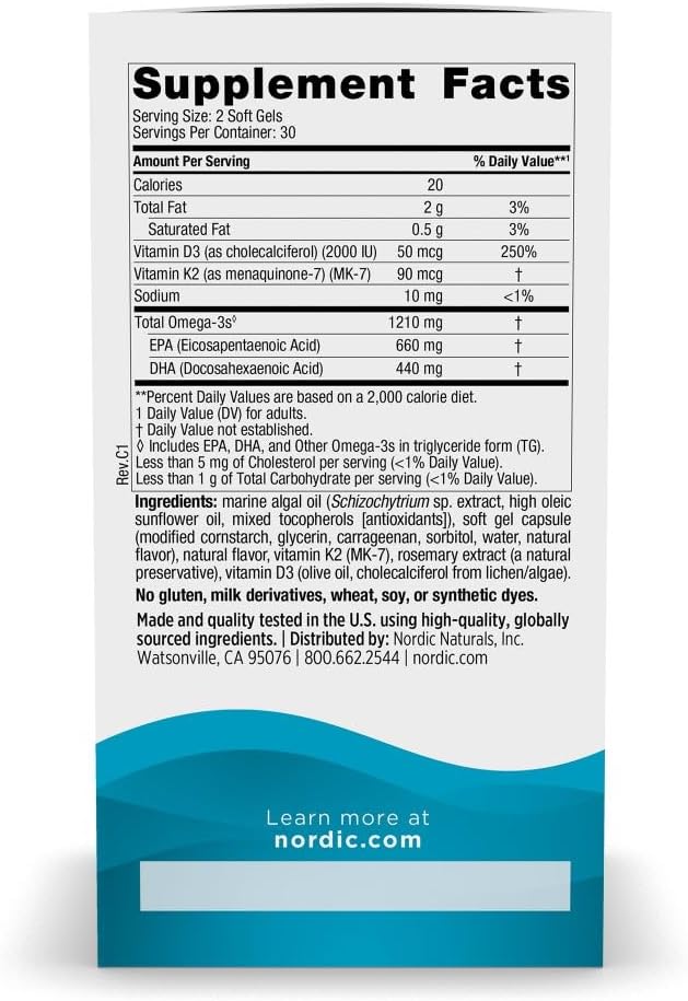 Nordic Naturals Plant-Based Omega-3 D3+K2, 1210mg, Vegan Softgels - 60 Count