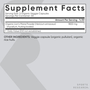 Sports Research® Organic Lion's Mane Mushroom Supplement 1800mg - Brain Health, Focus & Cognitive Supports - USDA Certified Organic · Non-GMO · Vegan - 90 Count Capsules Sports Research buy supplements Au