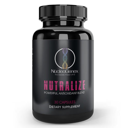 Black supplement bottle labeled 'Nutralize' by NucleoGenex on a white background