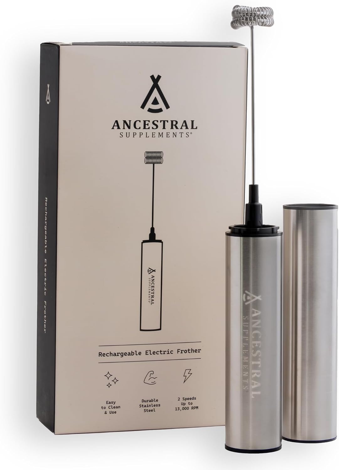 Ancestral Supplements Rechargeable Electric Frother Wand, Stainless Steel | Handheld milk frother and electric whisk for coffee, matcha latte and protein shakes. Fast, easy frothing.