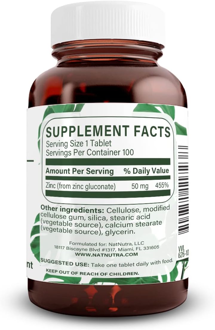 Natural Nutra Zinc Gluconate 50mg Supplement for Immune Support, Promotes Skin Health, Provides Ease From Flu & Cold, Boost Learning & Memory, Enhance Taste & Smell, Gluten Free 50mg 100 Vegan Tablets