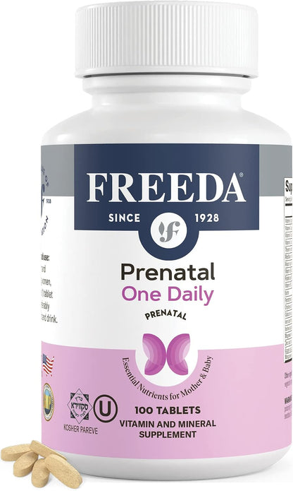 FREEDA Prenatal Vitamins for Pregnant Women – 100 Tablets | Supports Mother & Baby Nutrition – Includes Methylfolate, Calcium, & Essential Nutrients – Vegan, Kosher, Easy-to-Swallow