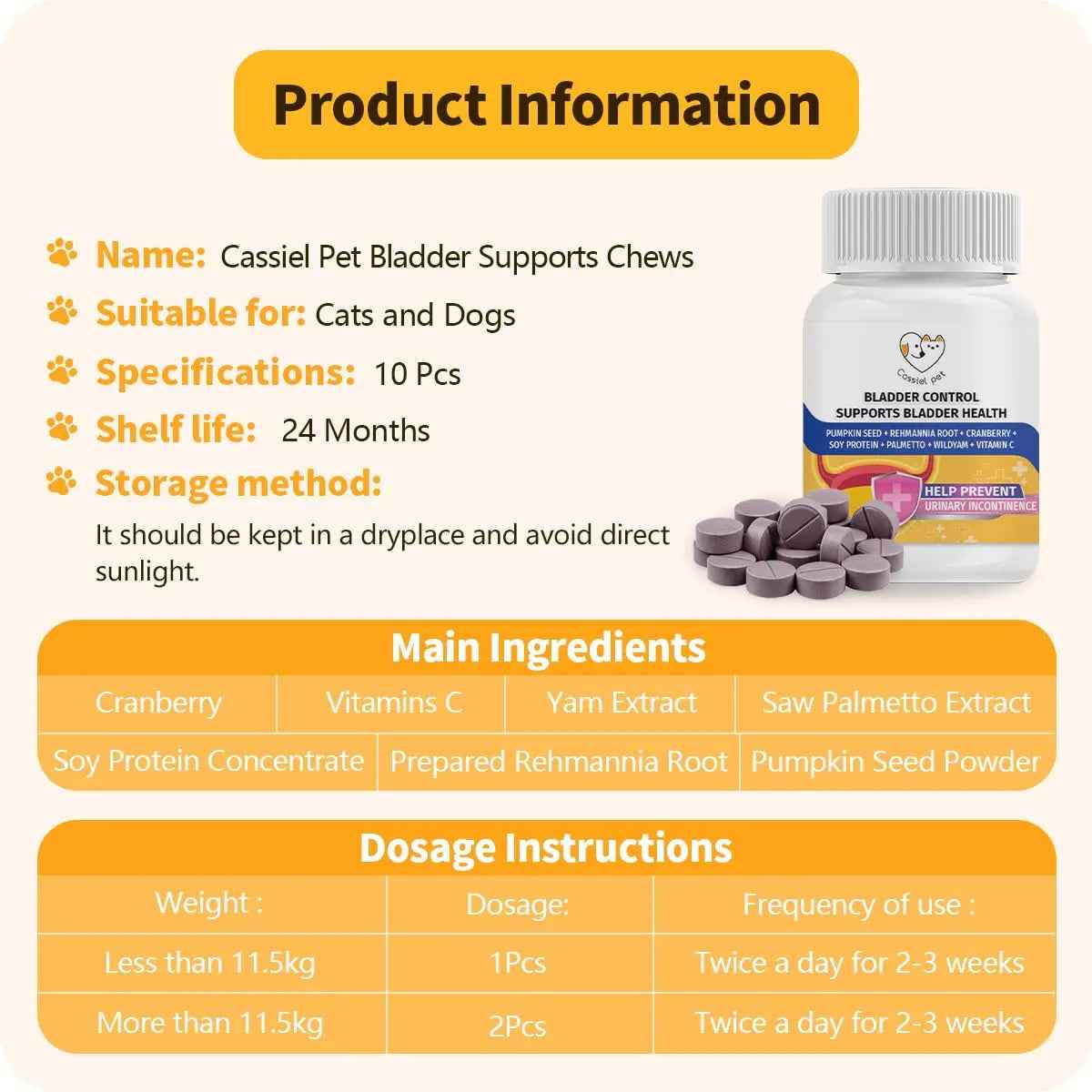 Cassiel Pet Bladder Supports Chews for Urinary Tract Health, Infection Treatments, Bladder Health, Dog UTI, Bladder Stones, Incontinence Support, Urinary Pain Relief for Cat & Dog 10 Chews (1 Bottle)