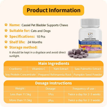 Cassiel Pet Bladder Supports Chews for Urinary Tract Health, Infection Treatments, Bladder Health, Dog UTI, Bladder Stones, Incontinence Support, Urinary Pain Relief for Cat & Dog 10 Chews (1 Bottle)