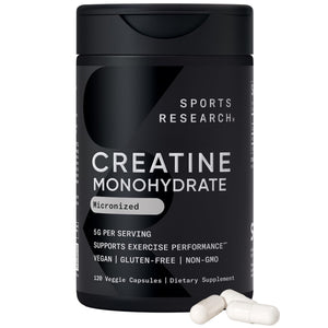 Sports Research® Creatine Monohydrate Capsules - Supports Workout Recovery, Lean Muscle gain, Performance and Strength* - Non-GMO, Vegan Certified - 5g per Servings - 30 Servings Sports Research buy supplements Au