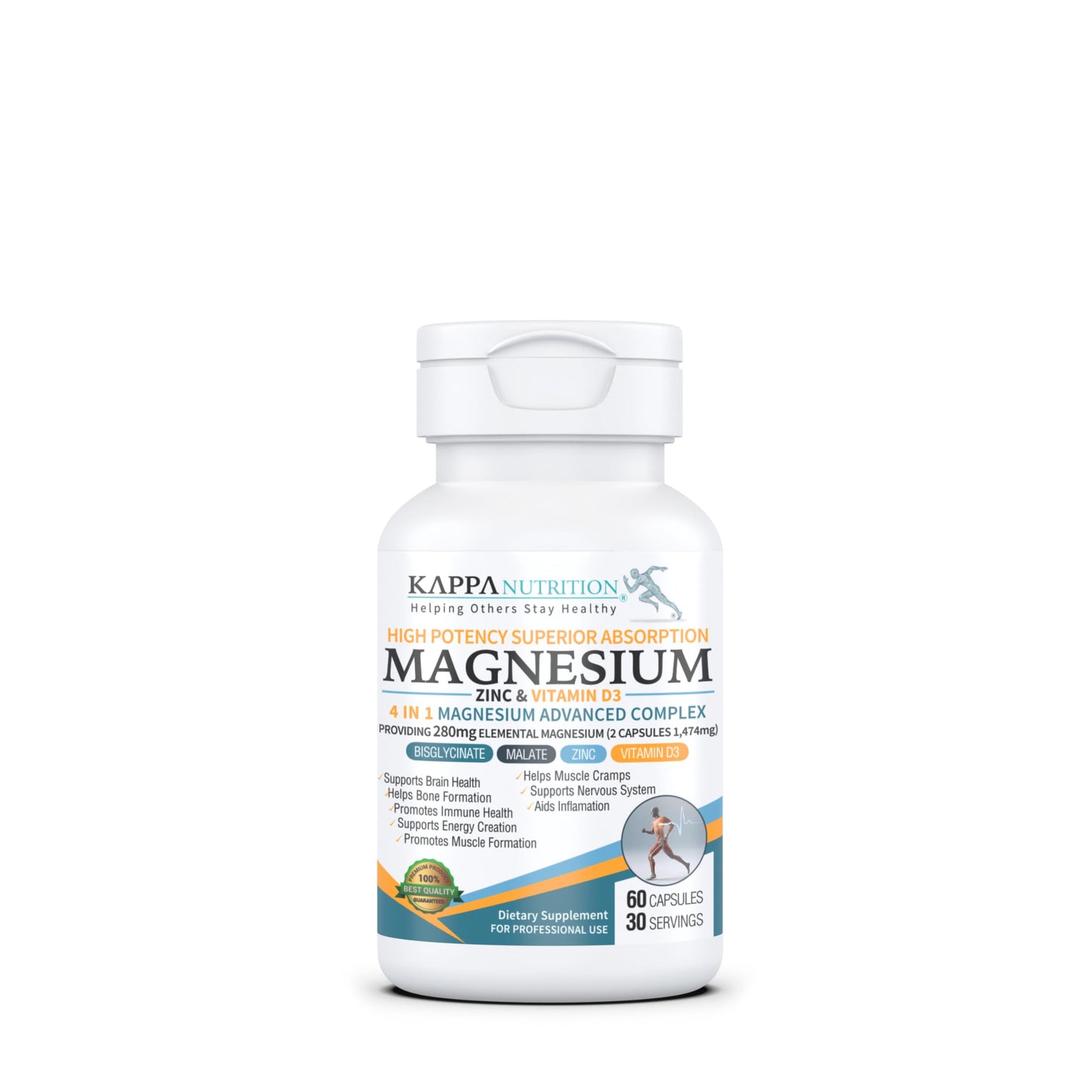 Kappa Nutrition Magnesium 4-in-1, 280mg Elemental Magnesium (Bisglycinate, Malate) + Zinc & Vitamin D3, Brain, Sleep, Energy, Muscle, Immune Support, 60 Vegan Capsules. KAPPA NUTRITIONBuy Supplements Australia