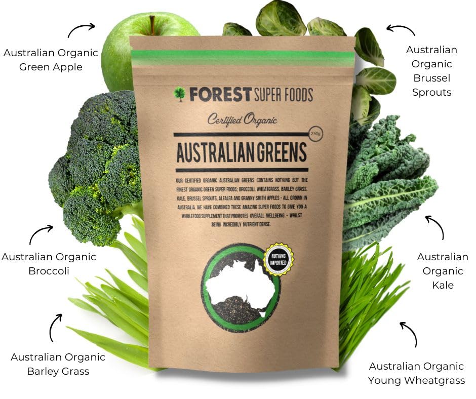 Certified Organic Australian Greens Whole Food Blend | 7 Incredible Whole Foods | No fillers or additives Forest Super Foods buy supplements Au