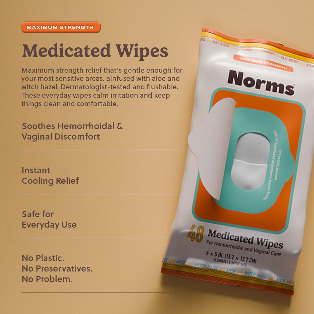 Norms Medicated Hemorrhoid Wipes with Witch Hazel and Aloe, Soothing Flushable Wipes for Itching, Burning & Swelling Relief, Hypoallergenic & Fragrance Free - 48ct (Pack of 1) NormsBuy Supplements Australia