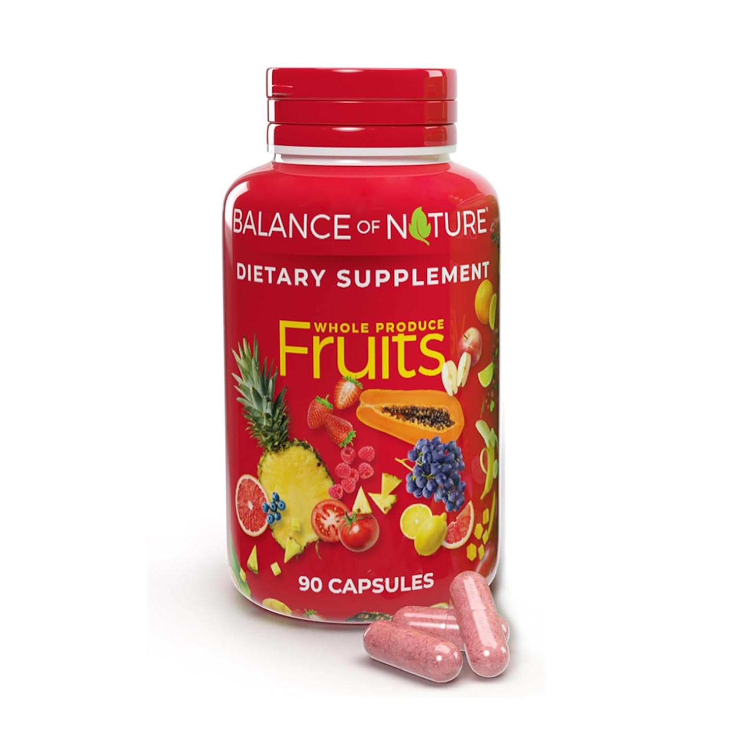 Red supplement bottle labeled 'Balance of Nature' with fruit illustrations on a white background