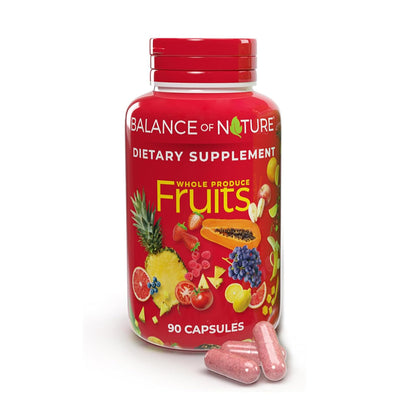 Red supplement bottle labeled 'Balance of Nature' with fruit illustrations on a white background
