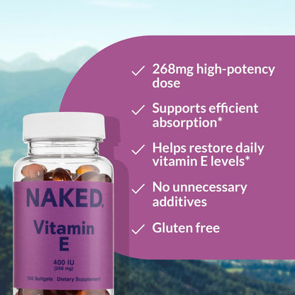 Naked Vitamin E 400 IU – Natural Vitamin E Supplement with Mixed Tocopherols for Antioxidant Support and Skin Health – 100 Softgels