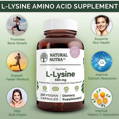 Natural Nutra L Lysine HCl Supplement, Vegan, 500 mg, 250 Capsules | Promotes Bone Health & Growth, Supports Skin Health, Improves Vitamin C Absorption, Improves Calcium Absorption, Non-GMO