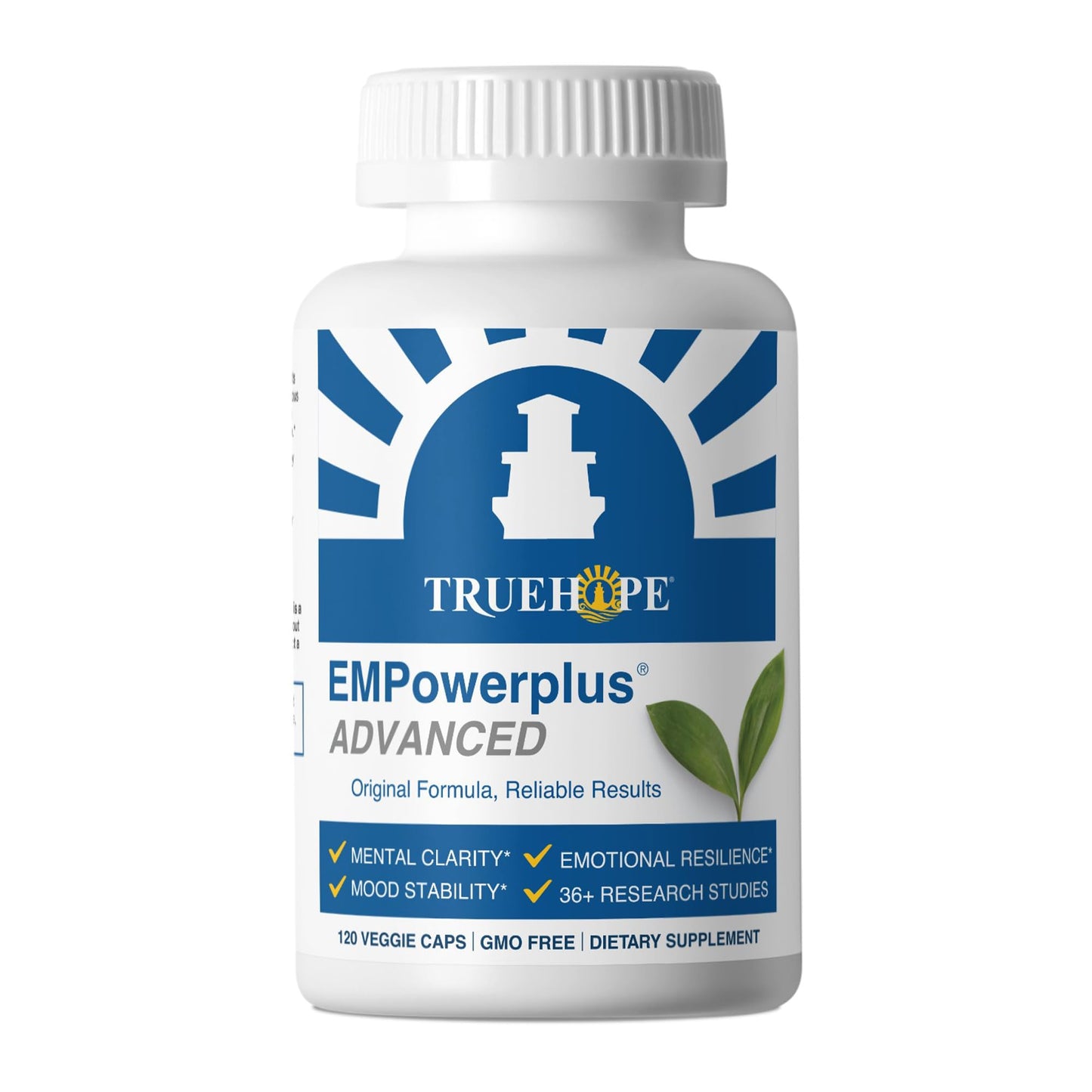 Supplement bottle labeled 'TrueHope EMPowerplus Advanced' on a white background