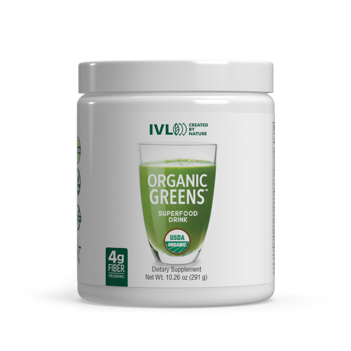 IVL Organic Greens superfood drink container on a white background