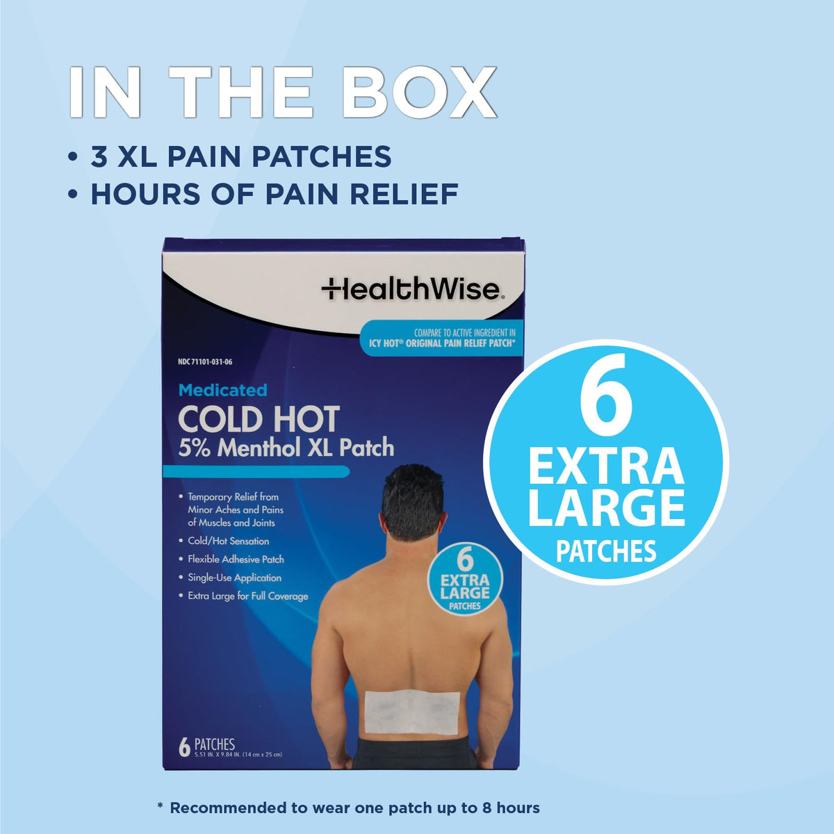 HealthWise Cold Hot Medicated Menthol XL Patch | 5% Menthol | Back and Large Areas | 5.51” x 9.84” | 6-Count | Paraben-Free | Soothes Minor Aches and Pains | Super-Size Relief HealthWiseBuy Supplements Australia