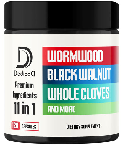 Dedica dietary supplement jar with ingredients listed on a white background