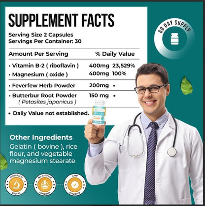 Nature's Nectar Migraine Prevention Feverfew Capsules – PA Free Butterbur Root, Riboflavin 400 mg, Magnesium & Feverfew – Natural Headache Relief & Migraine Supplement – 120 Capsules Nature's NectarBuy Supplements Australia