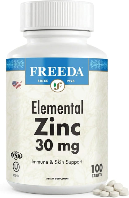 FREEDA Elemental Zinc 30mg – Vegan Immune, Skin & Eye Support – 100 Tabs | Tiny Easy-to-Swallow Tablets Made with Zinc Gluconate – Gluten-Free, Kosher, and Made in USA GMP-Compliant Facilities