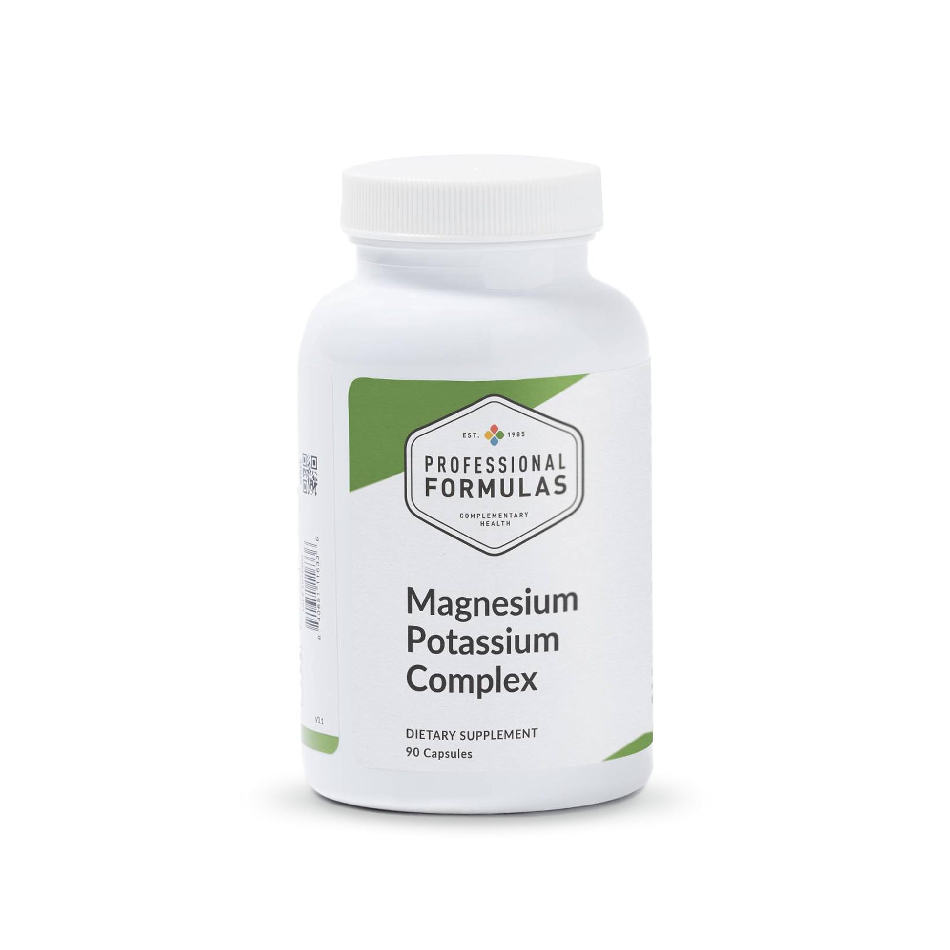 Supplement bottle labeled 'Magnesium Potassium Complex' on a white background