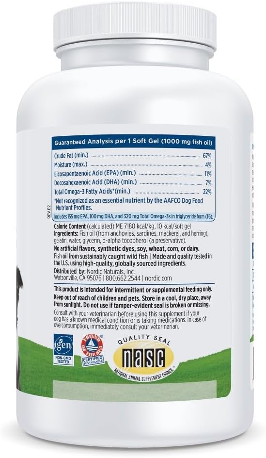 Nordic Naturals Omega-3 Fish Oil for Dogs with EPA + DHA - 180 Count | Easy-to-give soft gel capsules deliver 320 mg omega-3 per serving to support heart, skin, coat, and immune health in dogs