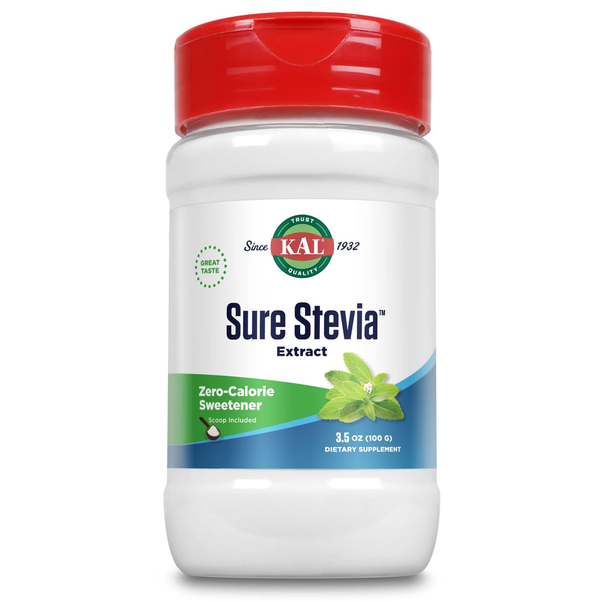 KAL Sure Stevia Extract Powder, Low Carb, Plant Based Stevia Sweetener, Great Taste, Zero Calories, Zero Sugar, Low Glycemic & Perfect for a Keto Diet, 60-Day Guarantee, Approx. 1820 Servings, 3.5oz