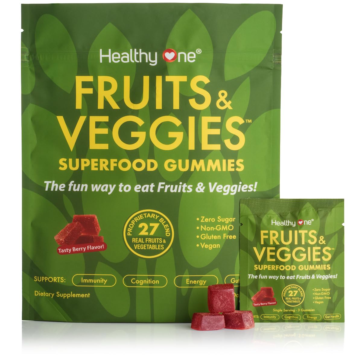 Healthy One Fruits & Veggies Superfood Gummies packaging with gummies on a white background
