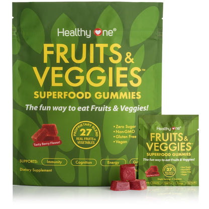 Healthy One Fruits & Veggies Superfood Gummies packaging with gummies on a white background