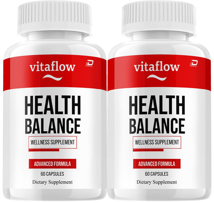Two bottles of Vitaflow Health Balance wellness supplement on a white background